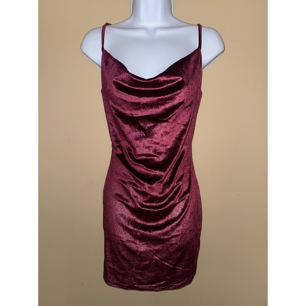 Y2K Women Shimmer Burgundy Velvet Cowl Neck Bodycon‎ Mini Dress S Night out